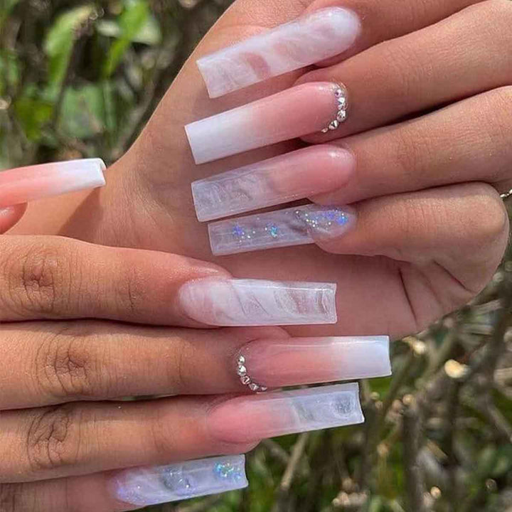 Glossy Long Square Press-On Nails with Glitter Accents Kalsten