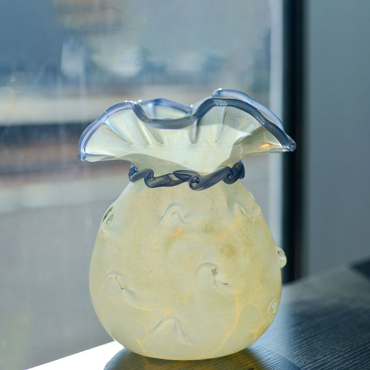 Handblown Opalescent Ruffled-Rim Sculptural Art Glass Vase with Twisted Collar Accent Kalsten