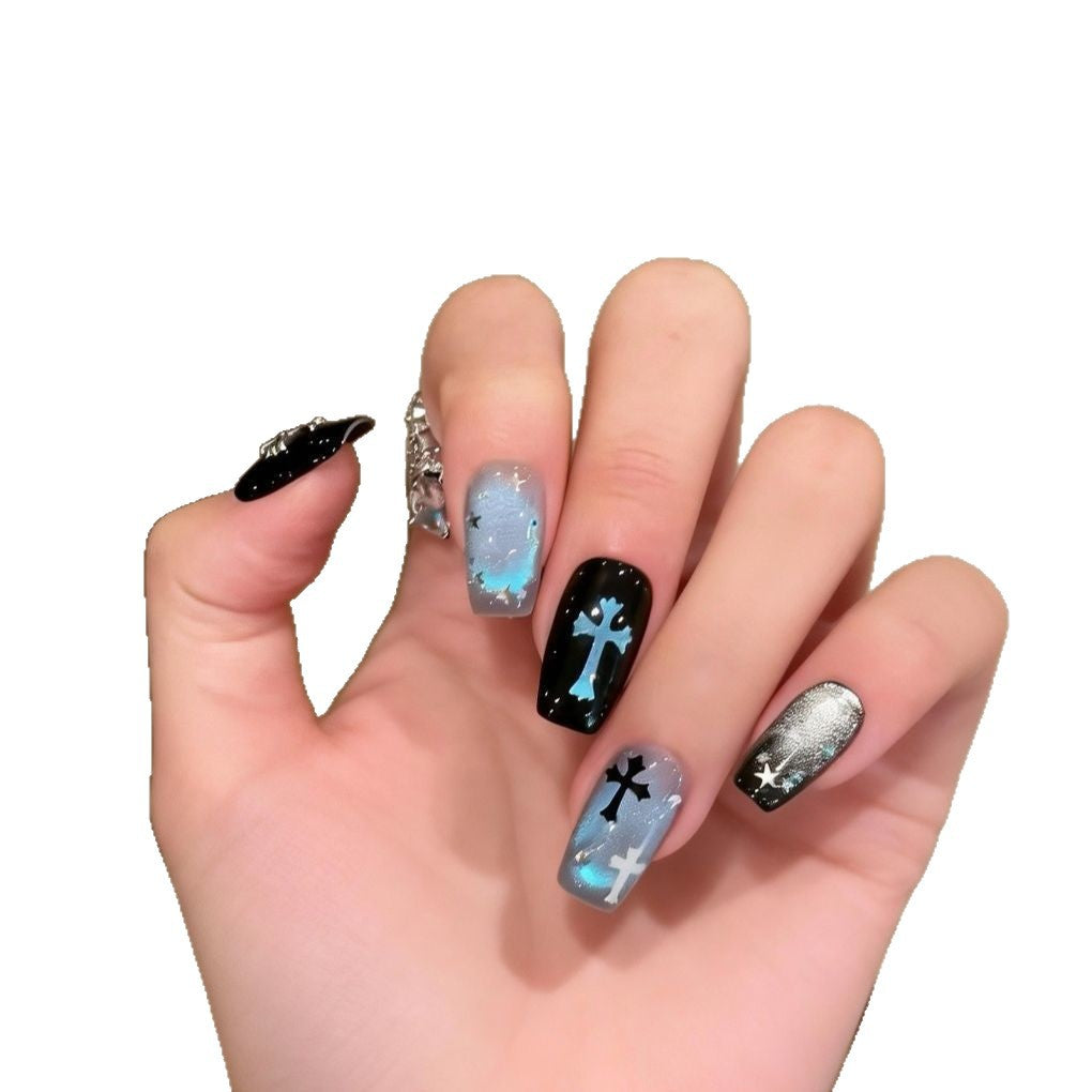 Artistic Press-On Nail Art with Cross and Star Designs
