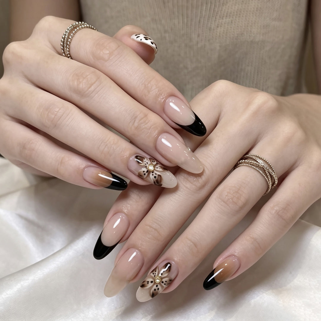Artistic Press-On Nail Set with Floral Designs