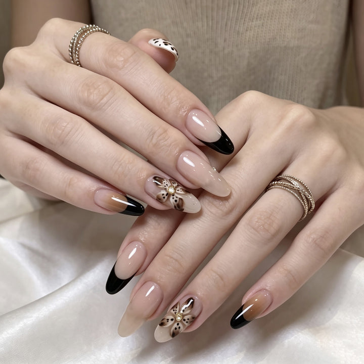 Artistic Press-On Nail Set with Floral Designs