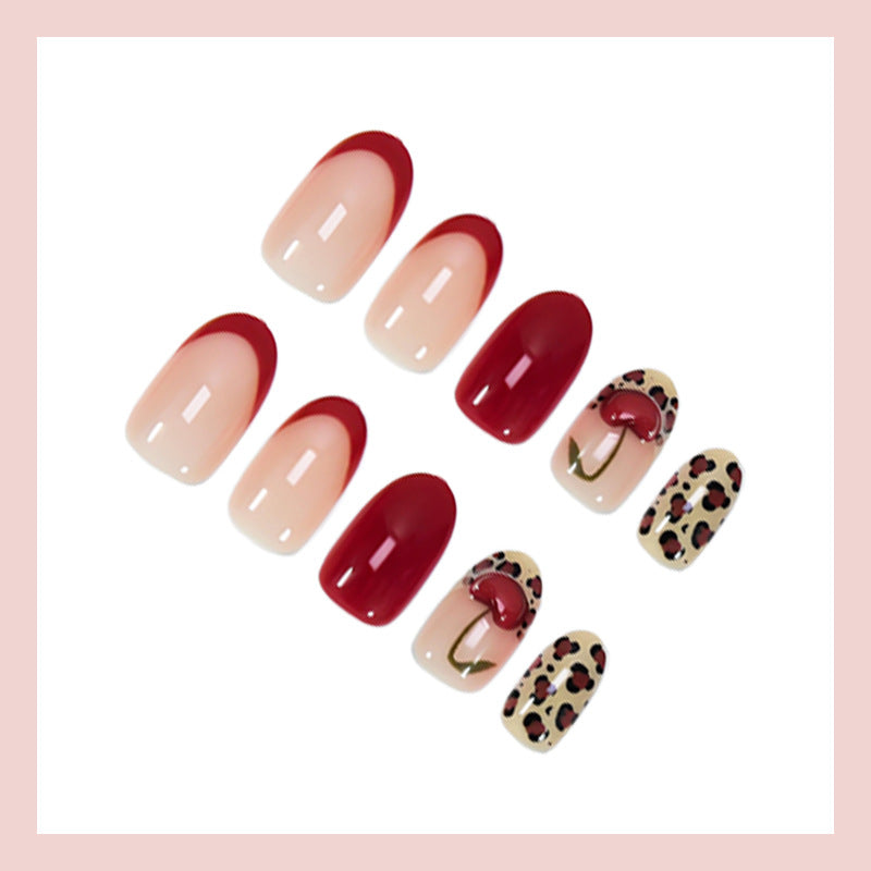 Artificial nail set with trendy leopard and cherry designs Kalsten