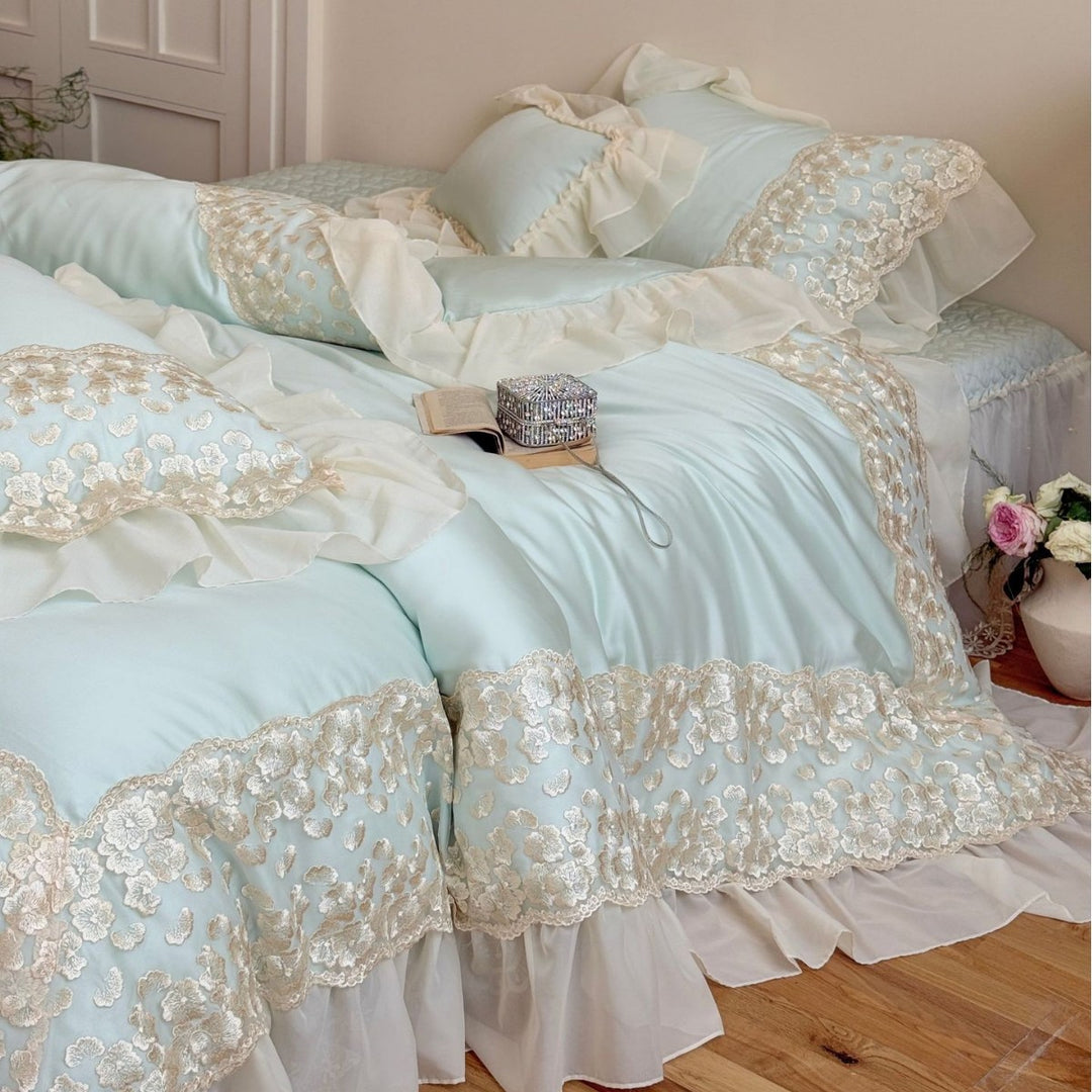 Luxurious lace bedding set with ruffles and frills