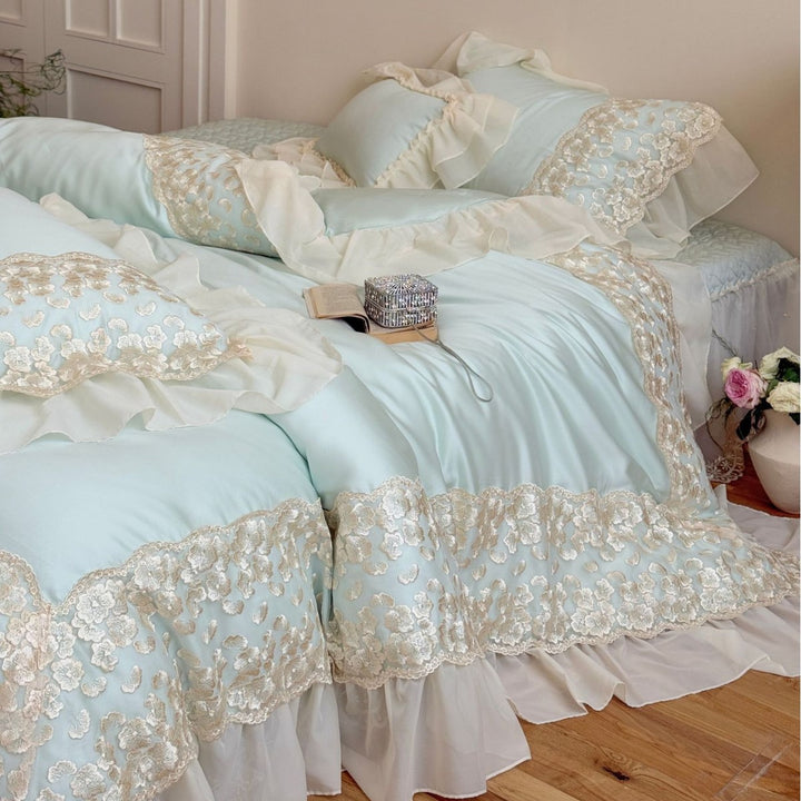 Luxurious lace bedding set with ruffles and frills