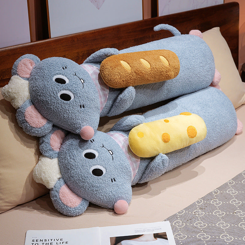 Extra-long plush body pillow mouse with bread appliqué and soft fleece cover