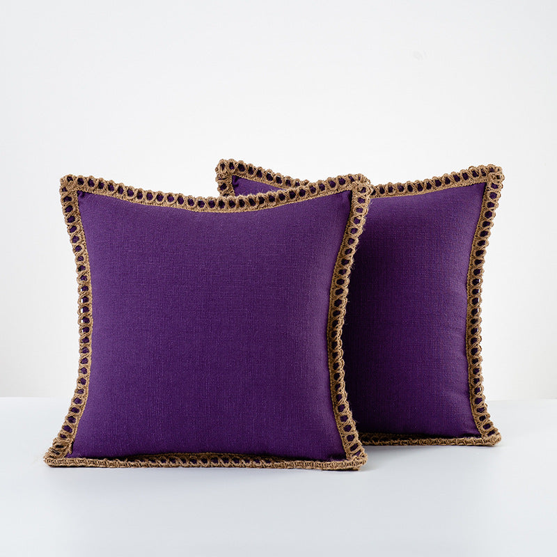 Decorative Linen Throw Pillow Pair with Braided Fringe Trim