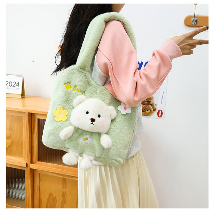 Plush Shoulder Bag with Cute Bear Design Kalsten