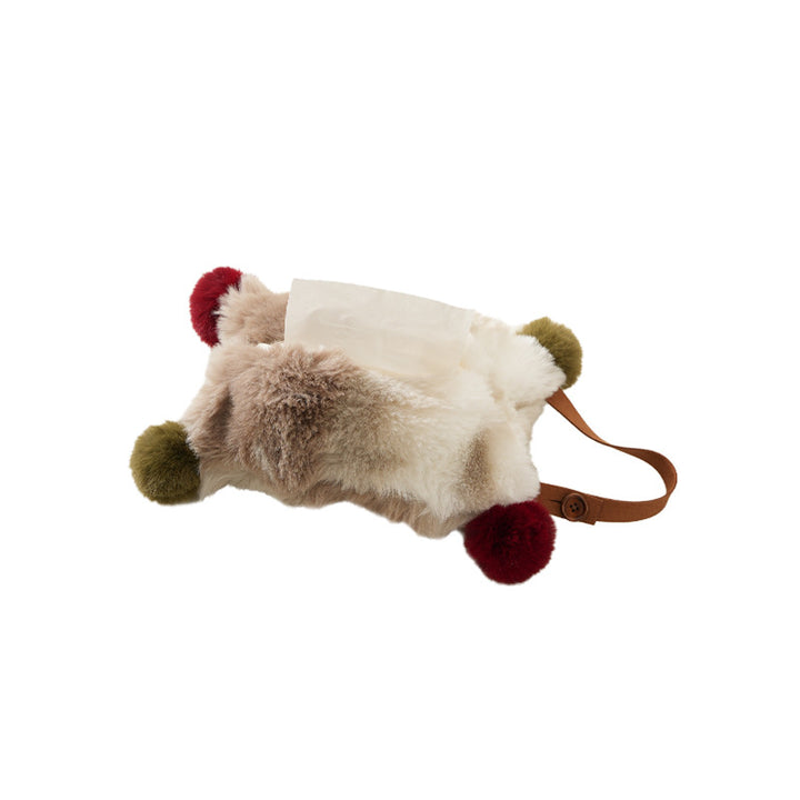 Plush tissue box cover made of faux fur with colorful pom-pom corners Kalsten