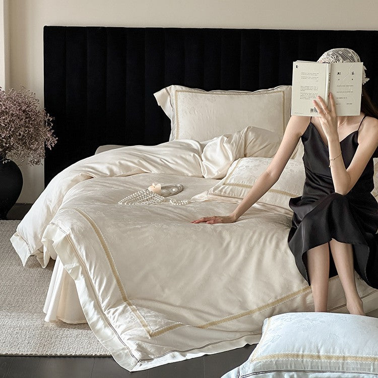Luxurious cotton satin bedding set with jacquard floral pattern and embroidered border