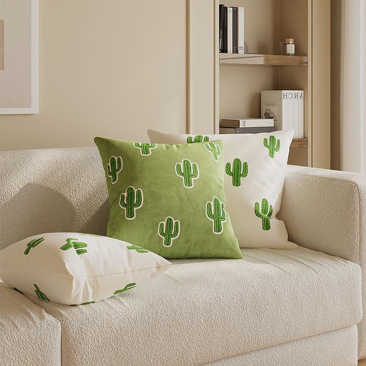 Decorative Square Cotton-Linen Throw Pillow Cover with Cactus Motif and Hidden Zipper