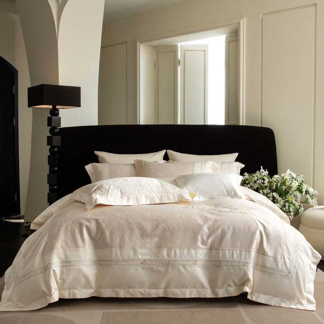 Luxurious satin bedding set with intricate embroidery