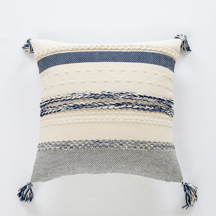 Coastal-Inspired Woven Cotton Square Accent Pillow with Braided Rope Bands and Corner Tassels