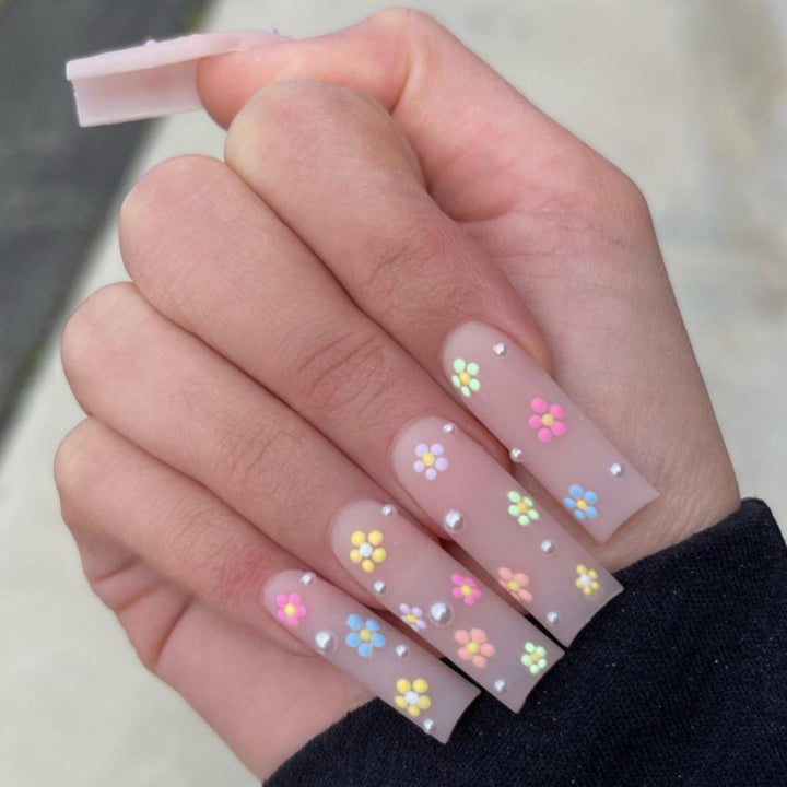Artificial nail set with colorful flowers and creative French design Kalsten