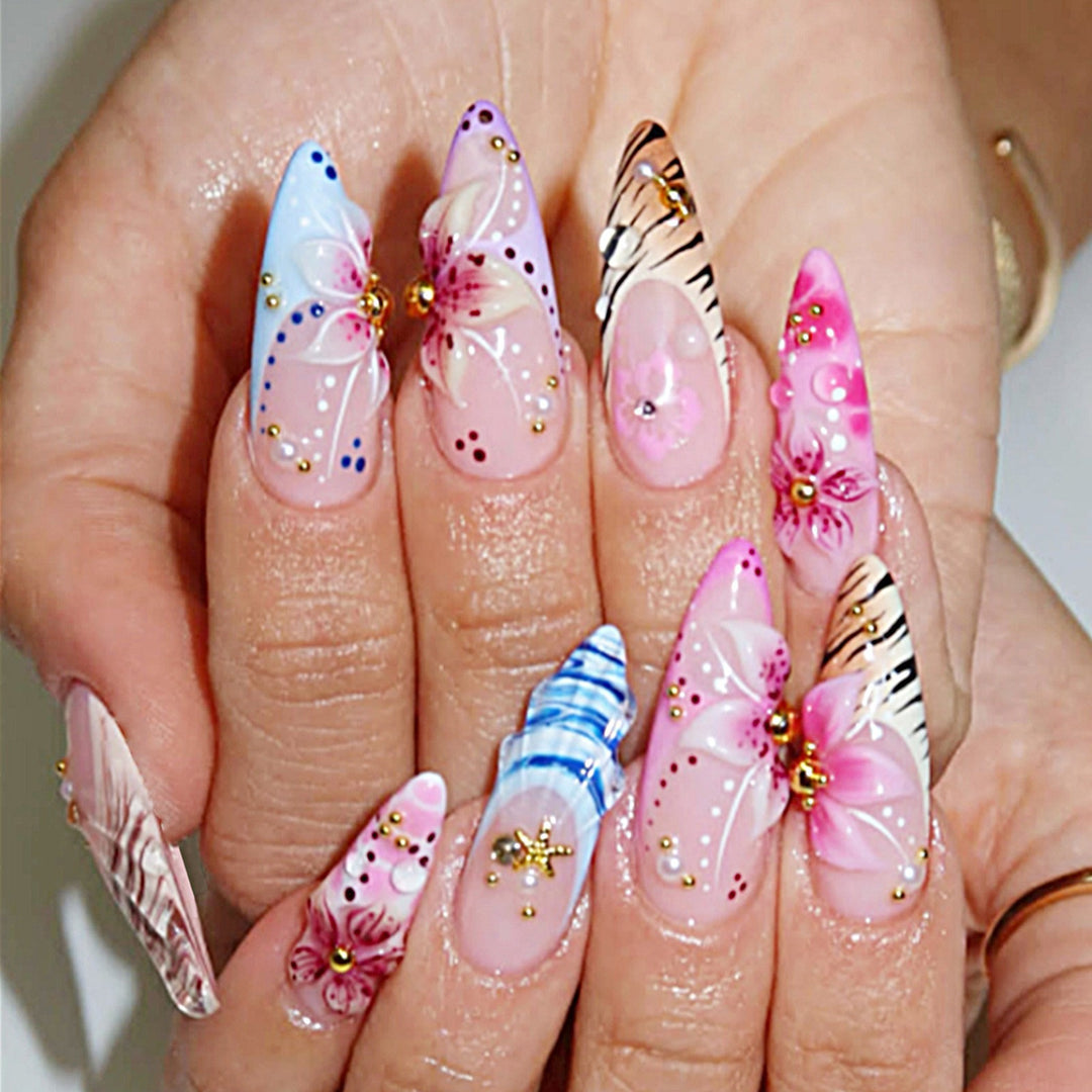 Acrylic nail set with exquisite 3D flower decorations and elegant accents Kalsten