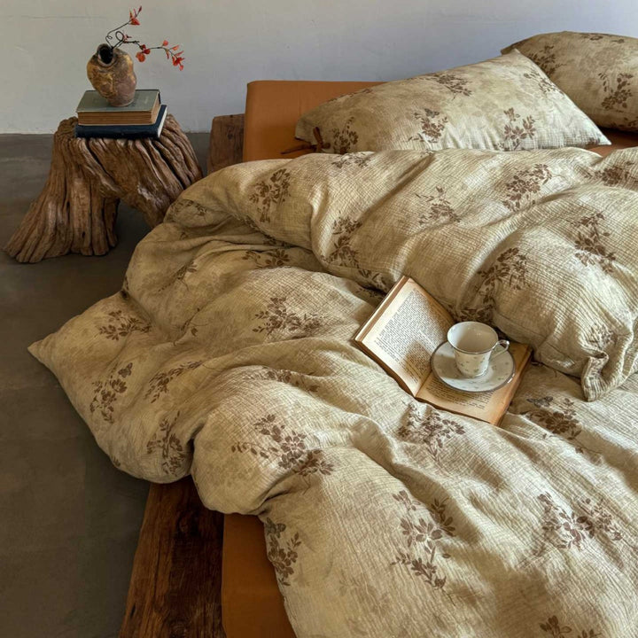 Natural cotton-linen duvet cover set with a crinkled linen look and floral tone-on-tone pattern