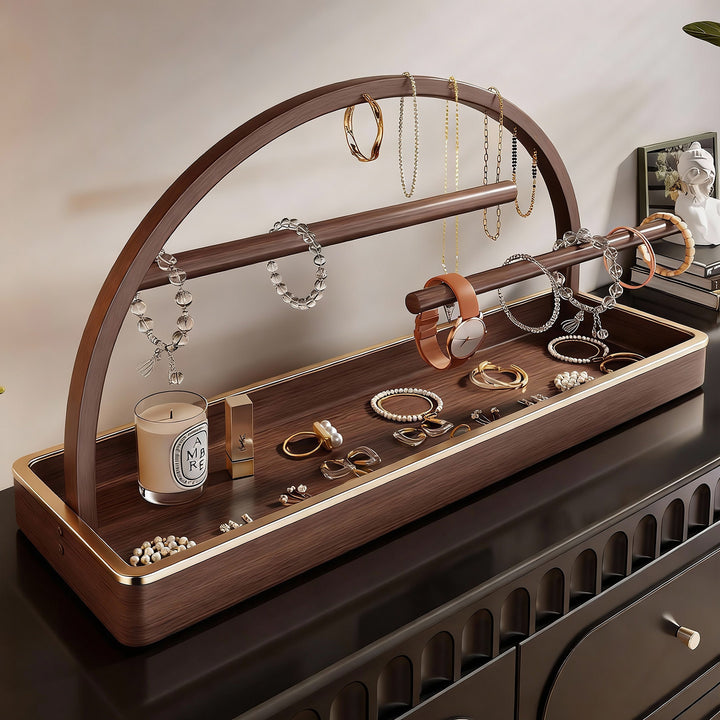 Tiered Wooden Jewelry and Watch Organizer with Tray and Hanging Rods