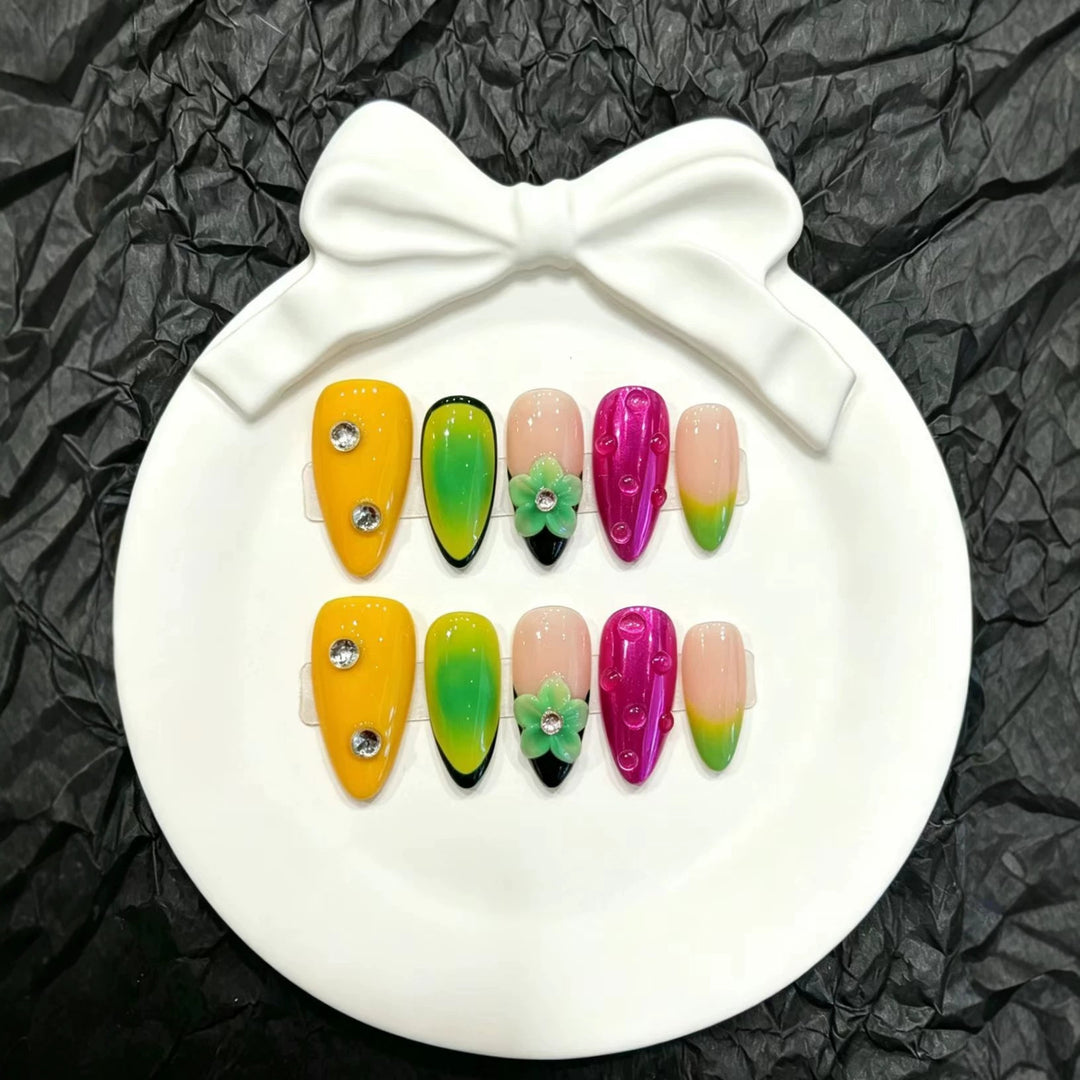 Artistic Press-On Nail Set with Floral and Gradient Designs