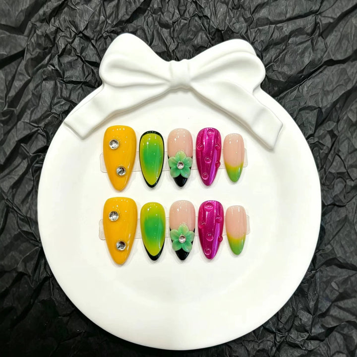 Artistic Press-On Nail Set with Floral and Gradient Designs