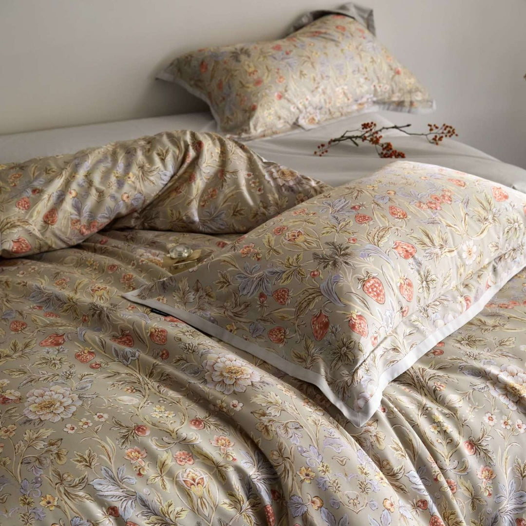 Luxurious satin bedding set with floral and berry design