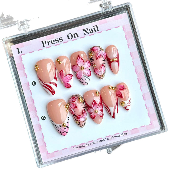Artistic Floral Press-On Nails with Golden Accents