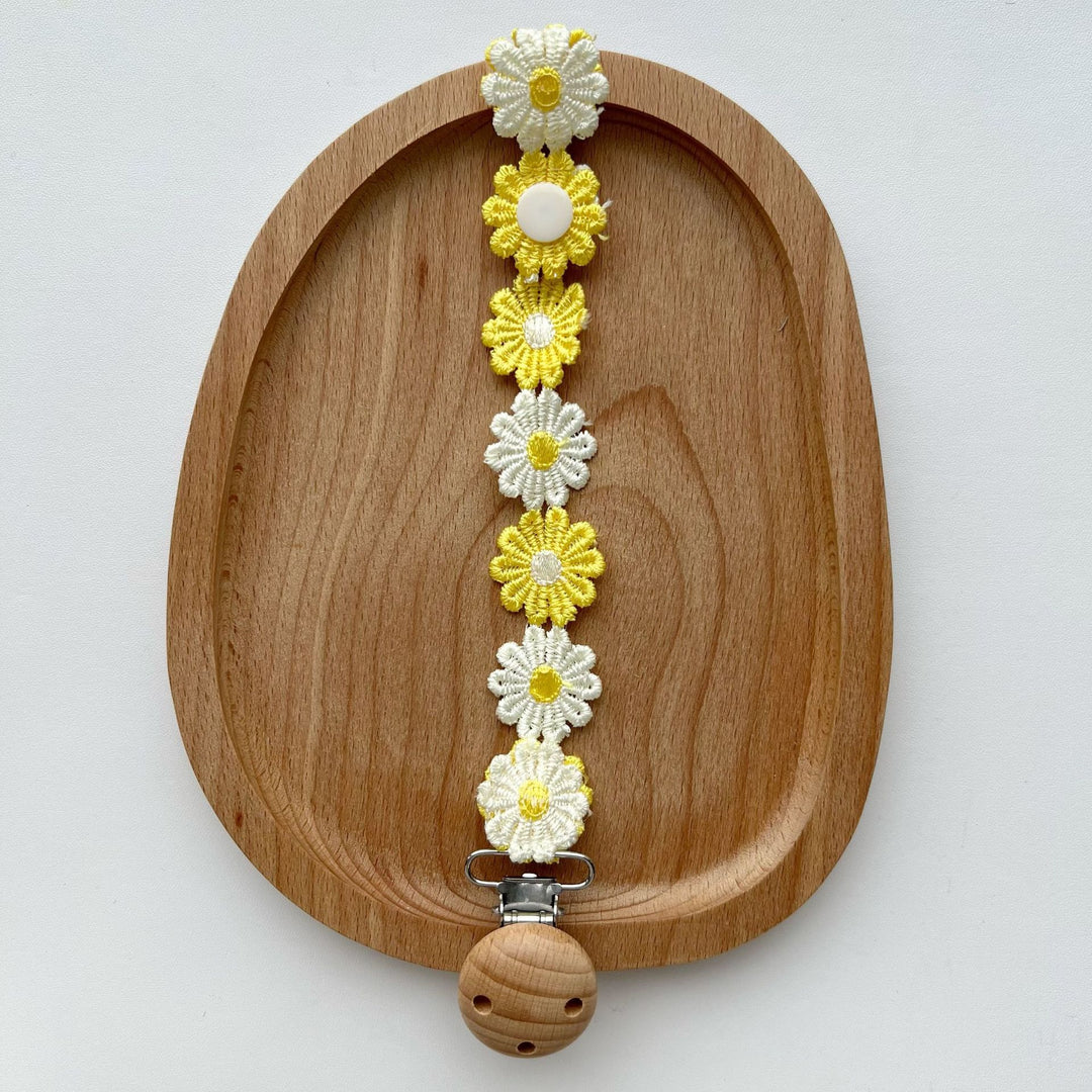 Handmade Crochet Daisy Pacifier Clip with Wooden Safety Clamp