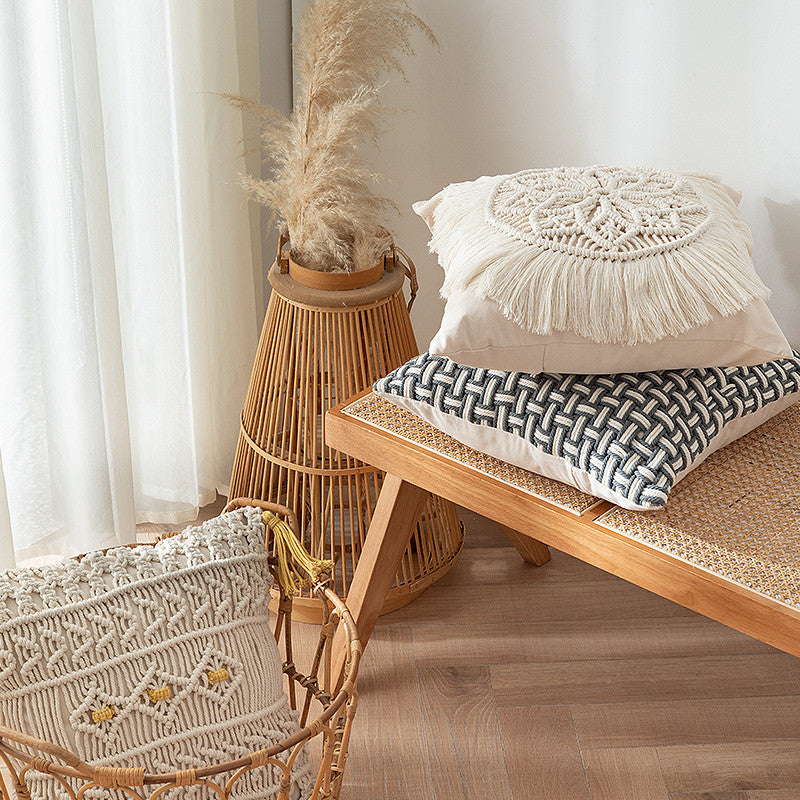Macrame-Decorative pillow with tassels and hand-knotted Boho structure