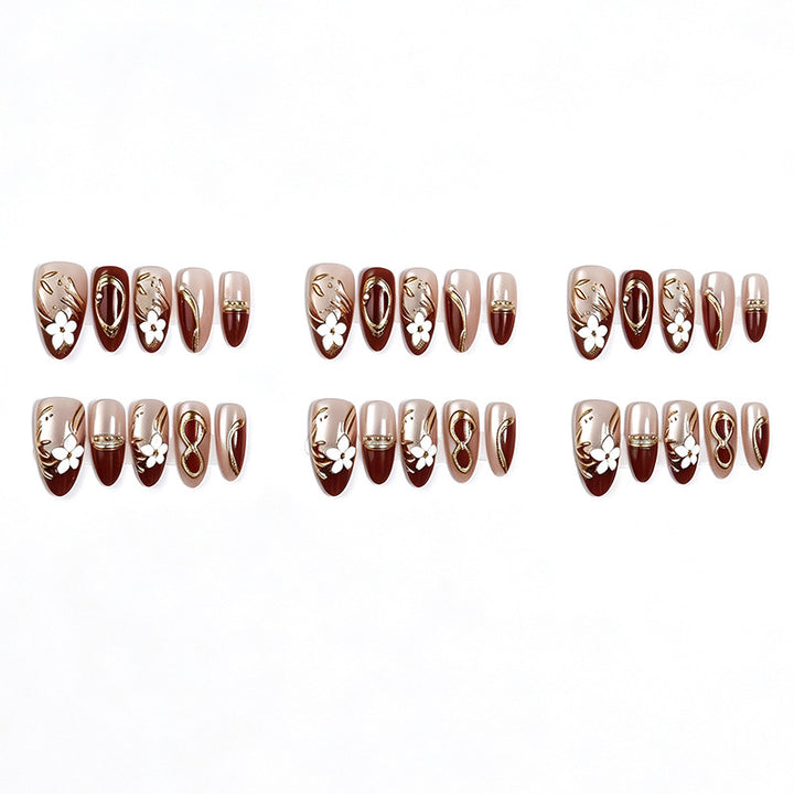 Artistic Press-On Nail Set with Floral and Metallic Accents kalsten