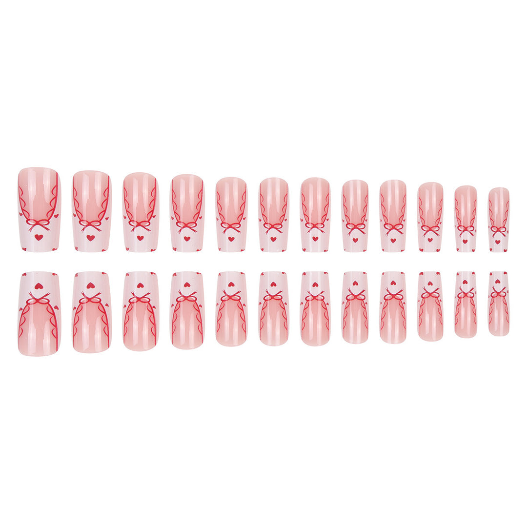Decorative Long Press-On Nail Set with Bow and Heart Design Kalsten