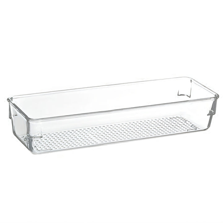 Transparent refrigerator door shelf with ribbed bottom and clip attachment
