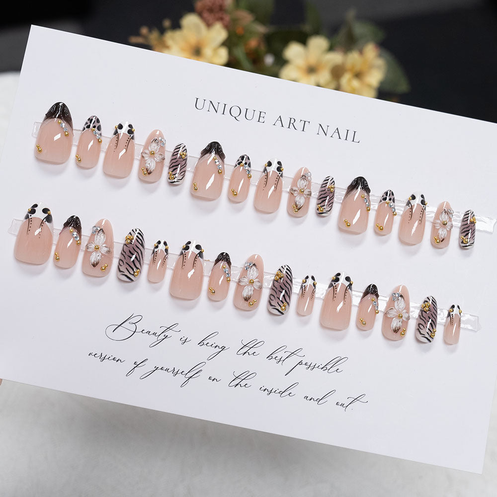 Artistic Nail Art Set with Floral and Animal Print Design