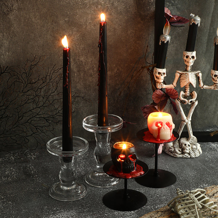 Skull-Shaped Decorative Wax Candle with Metal Pedestal Holder