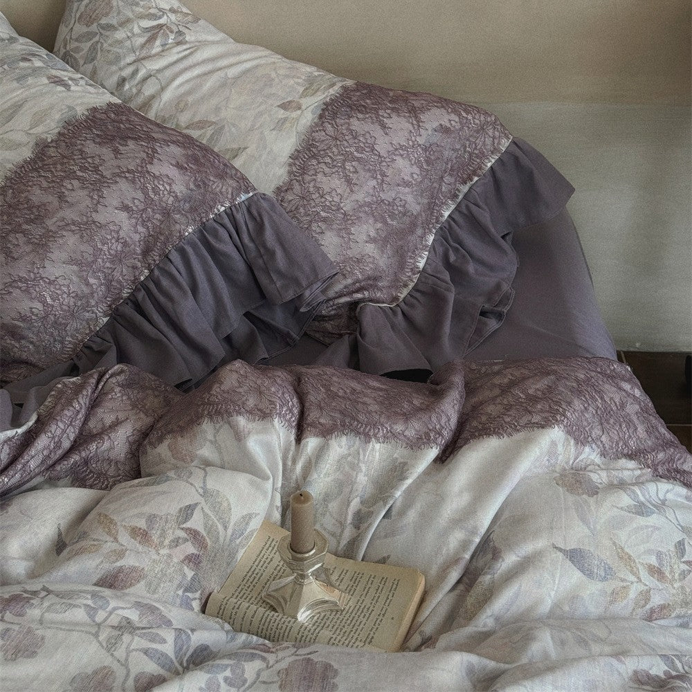 Bedding set with jacquard panels, ruffled bed skirt and reversible pillow