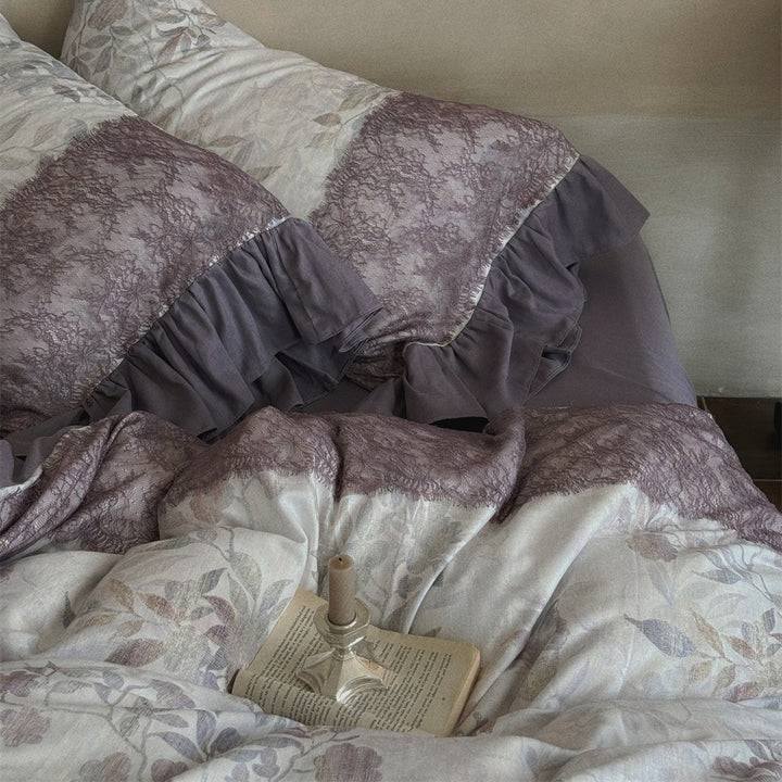 Bedding set with jacquard panels, ruffled bed skirt and reversible pillow