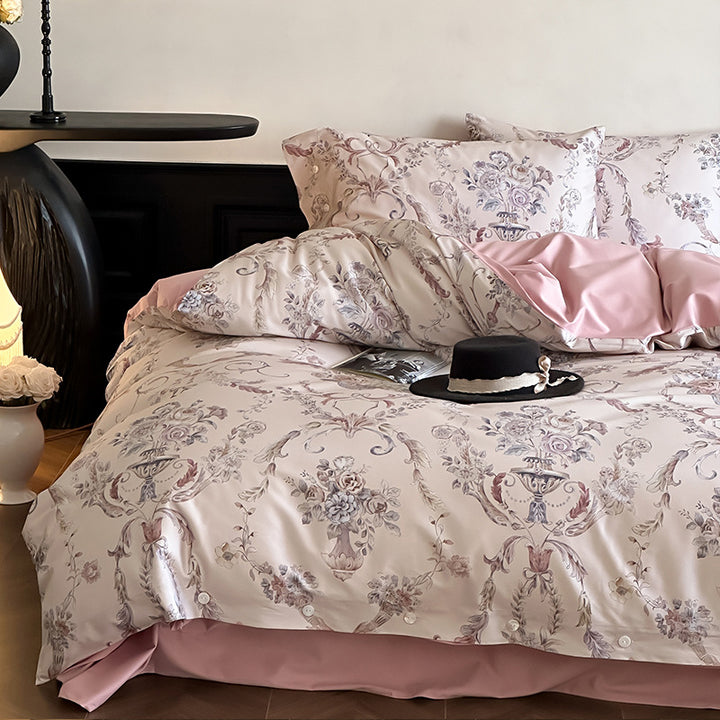 Luxurious satin bedding set with delicate rose patterns and button placket