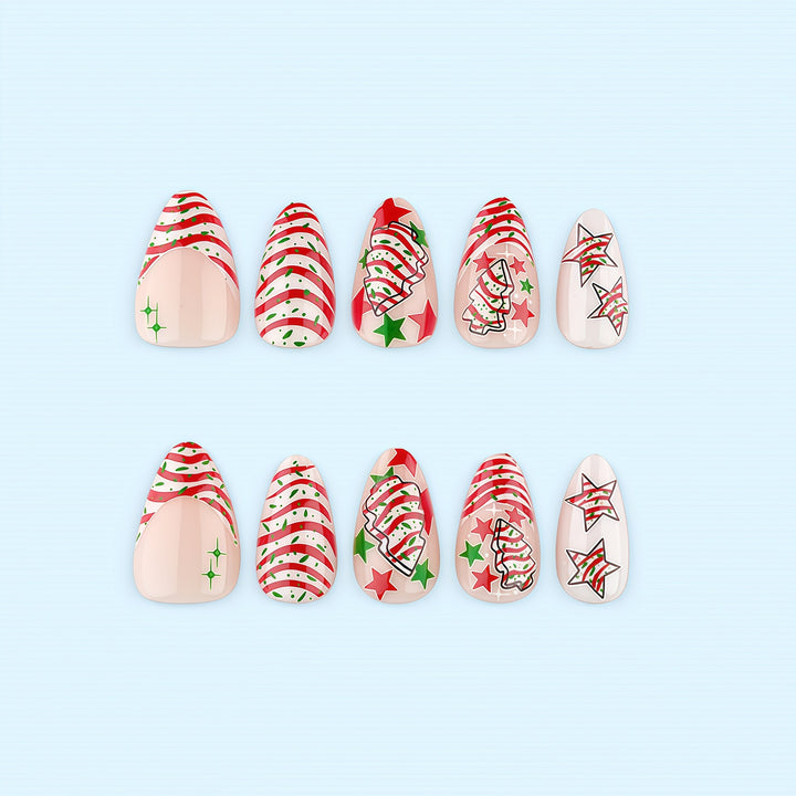 Artificial nails in festive Christmas design with colorful accents Kalsten