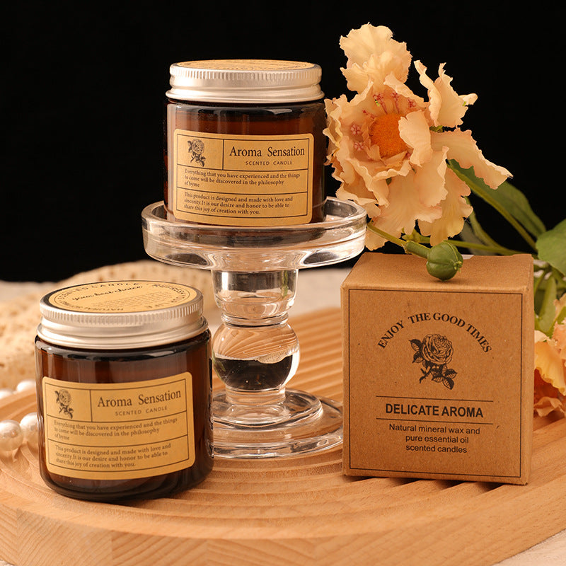 Aromatherapy Scented Soy Glass Jar Candle with Cotton Wick and Vintage Label