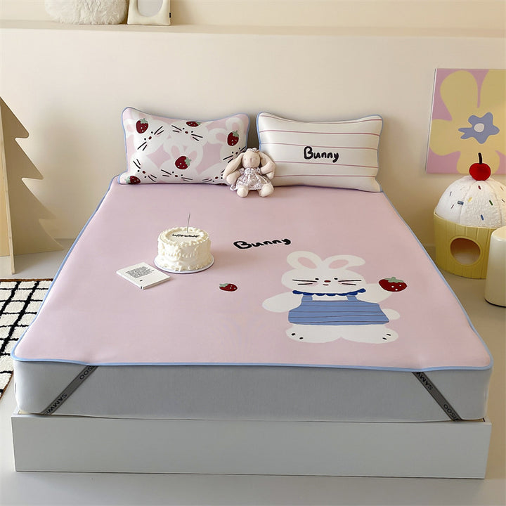 Children's mattress topper and fitted sheet set with non-slip corner fasteners and cute dog design