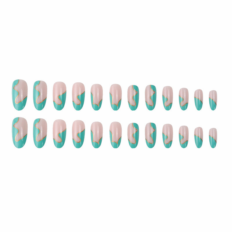 Artistic Press-On Nail Set with Unique Wave Design and Gold Accents Kalsten