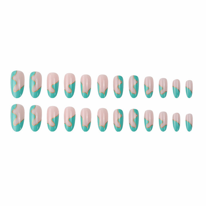 Artistic Press-On Nail Set with Unique Wave Design and Gold Accents Kalsten
