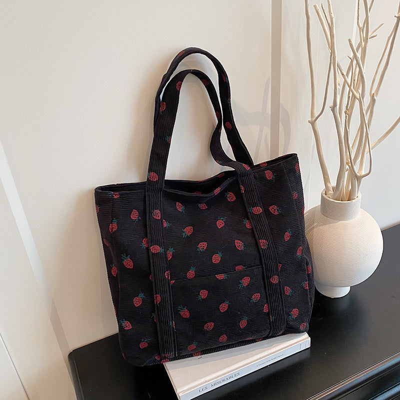 Playful Strawberry Print Corduroy Tote Bag Kalsten