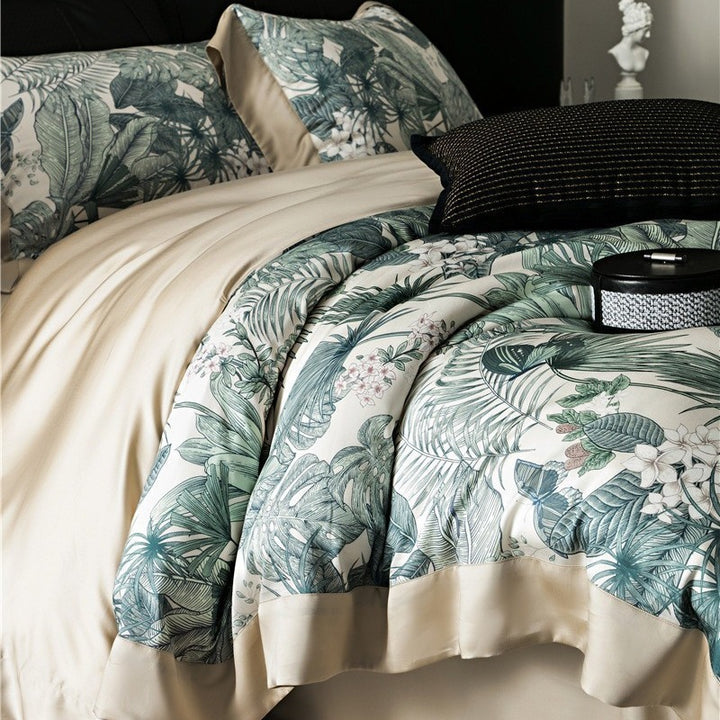 Duvet cover set made of cotton satin with subtle watercolor flower print and silky-matte texture