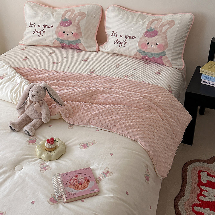 Children's bed set with quilted pillow set, mattress pad, and minky cuddle blanket