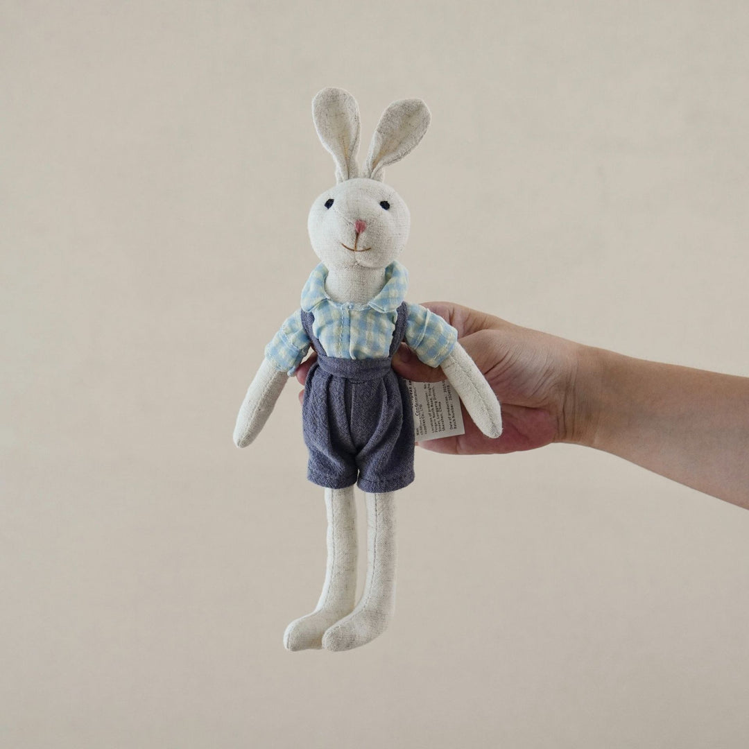 Handmade Linen Bunny Soft Cloth Doll with Embroidered Overalls