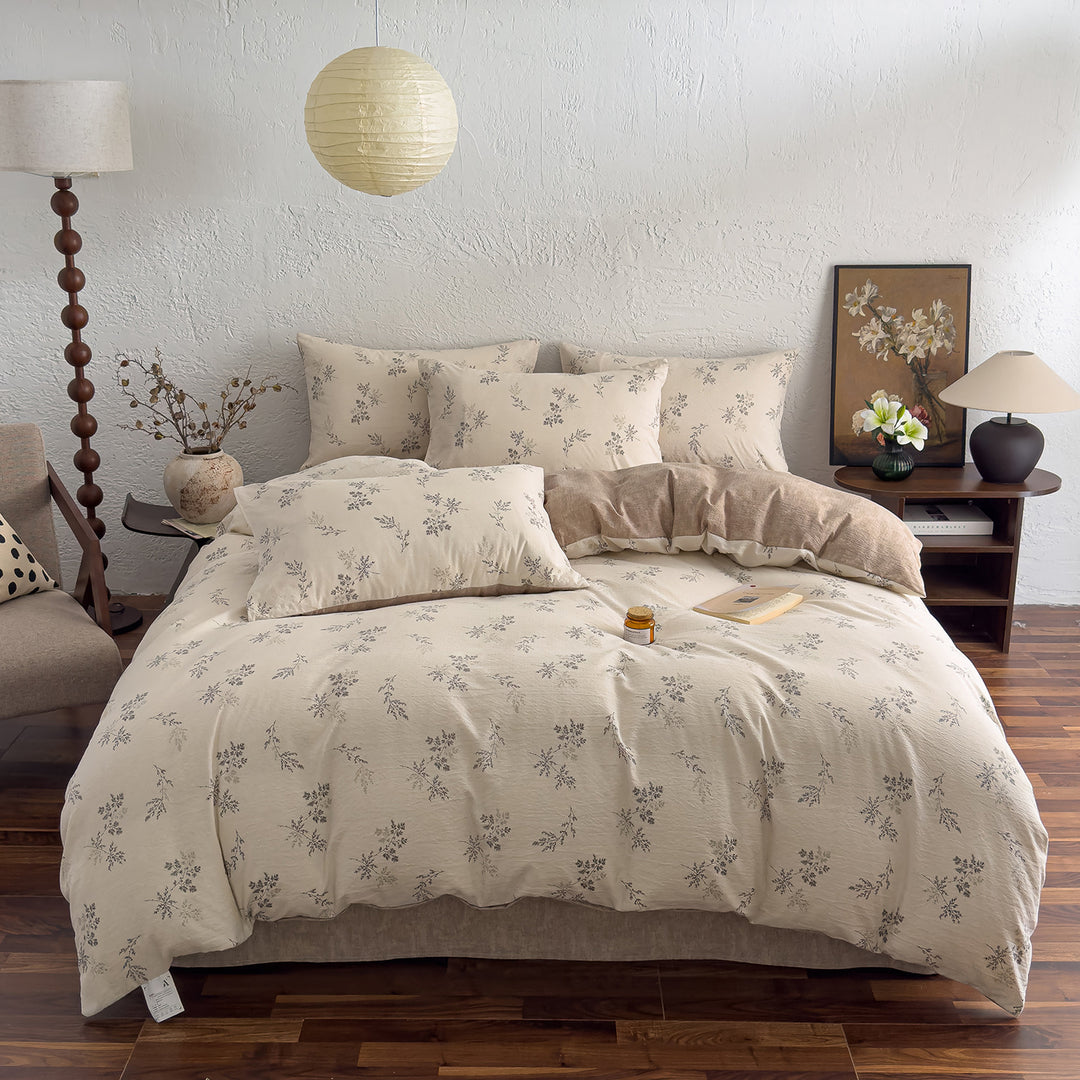Floral Butterfly Duvet Cover Set With Brushed Cotton‑Blend Linen Texture And Corner Tie Pillowcase Ensemble