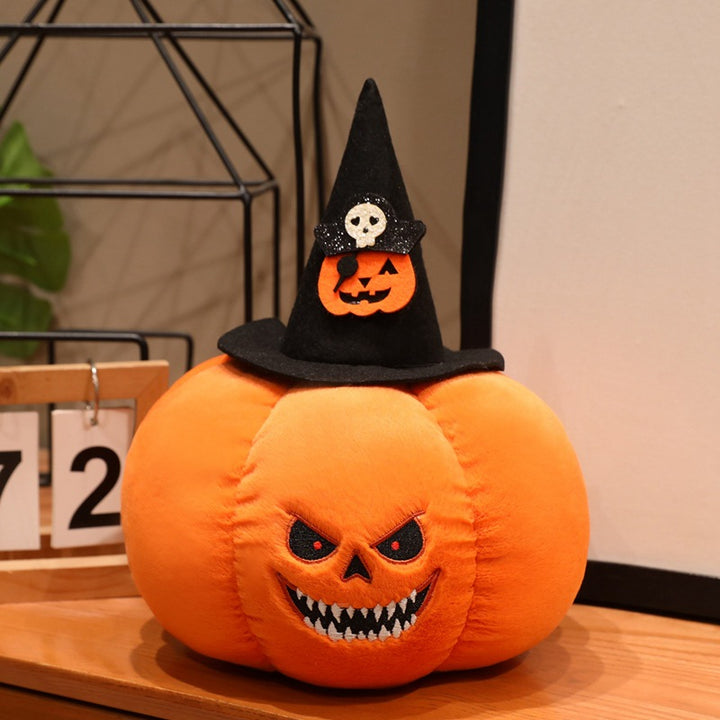 Plush pumpkin decoration figure with witch hat and embroidered spooky face
