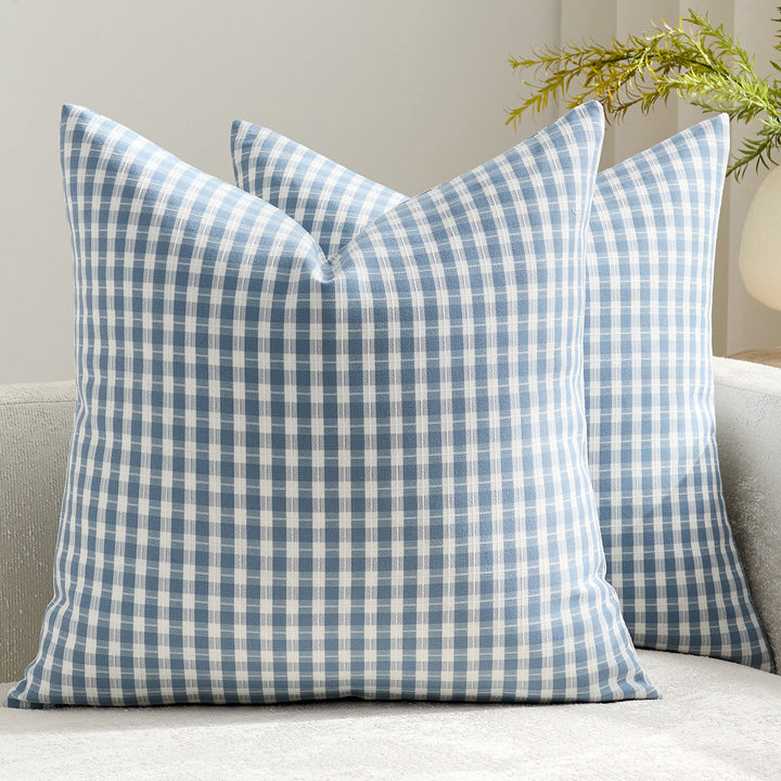 Gingham Cotton-Linen Square Throw Pillow Covers with Hidden Zipper Pair
