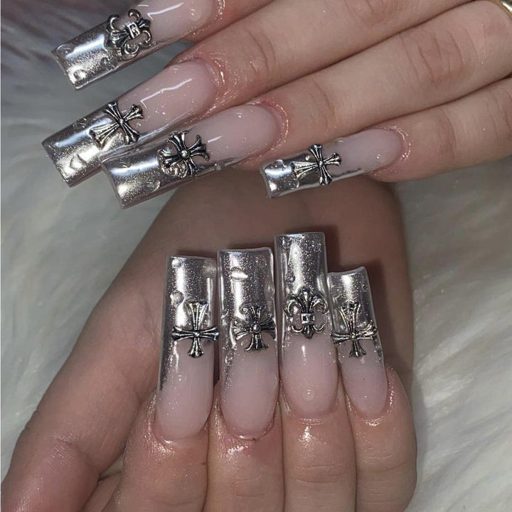 Decorative Press-On Nails with Silver Accents