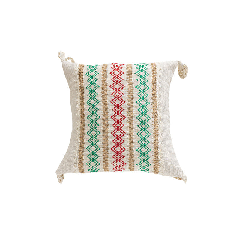 Square Handloom Cotton Accent Pillow with Vertical Embroidered Geometric Bands and Knotted Corner Tassels