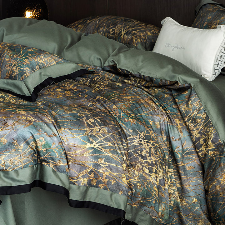 Luxurious bedding set made of cotton satin with delicate grass print and satin hem