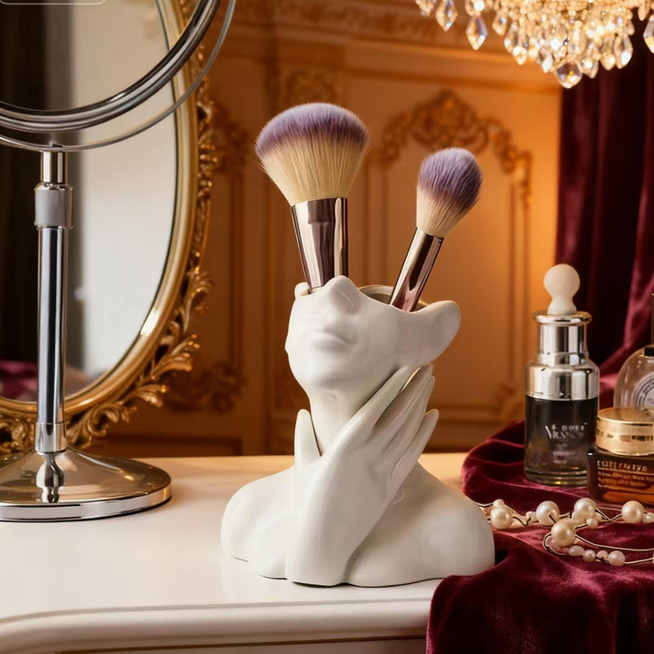 Sculptural Ceramic Face Vase And Makeup Brush Holder Set